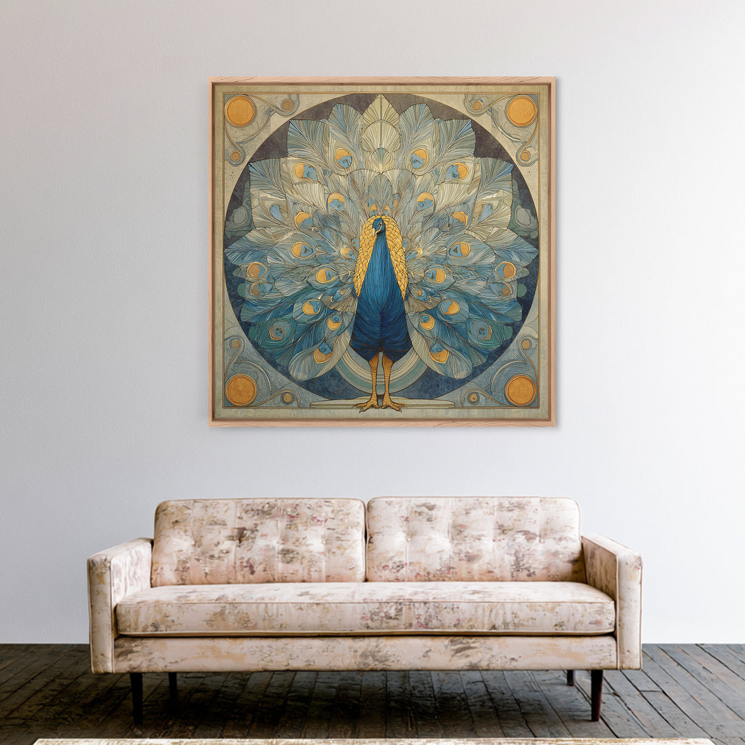 Dramatic Peacock with Oversized Feather Pattern Canvas Print, Maximalist Art, Original Painting, Living Room Decor, Maximal, MAX-1x1-8