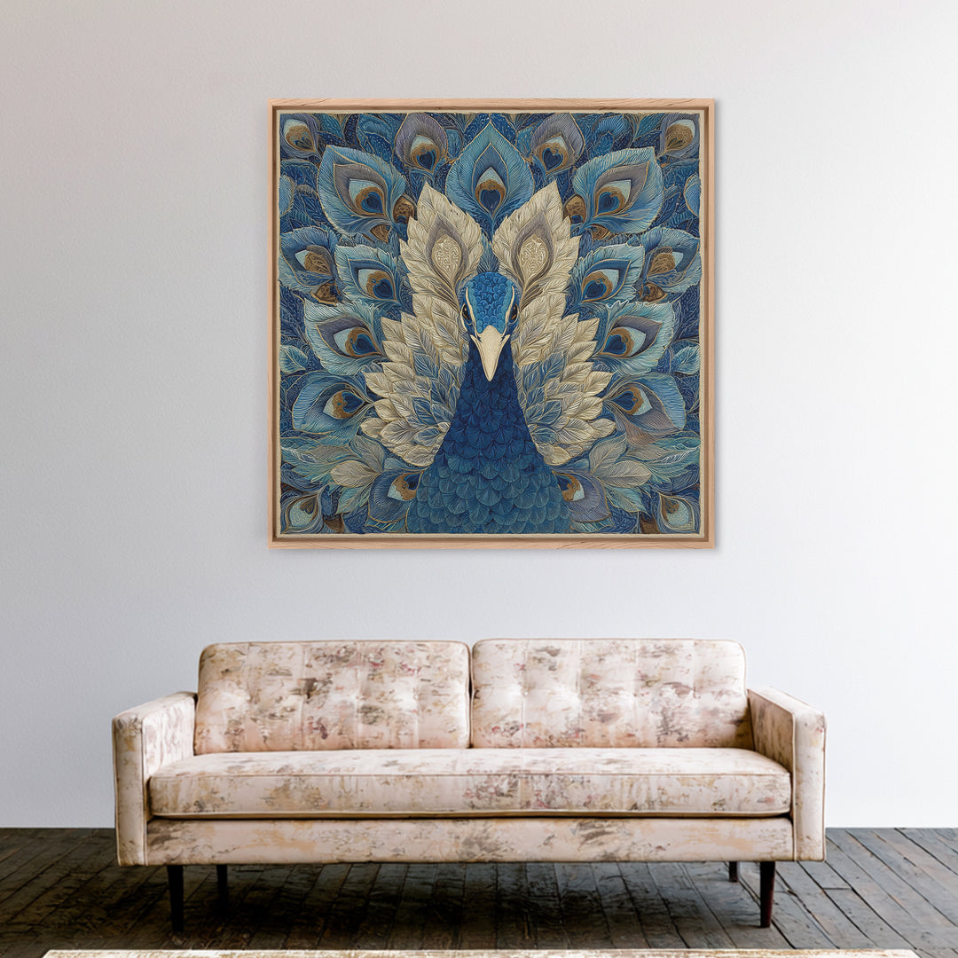 Dramatic Peacock with Oversized Feather Pattern Canvas Print, Maximalist Art, Fine Art Print, Living Room Decor, Maximal, MAX-1x1-80