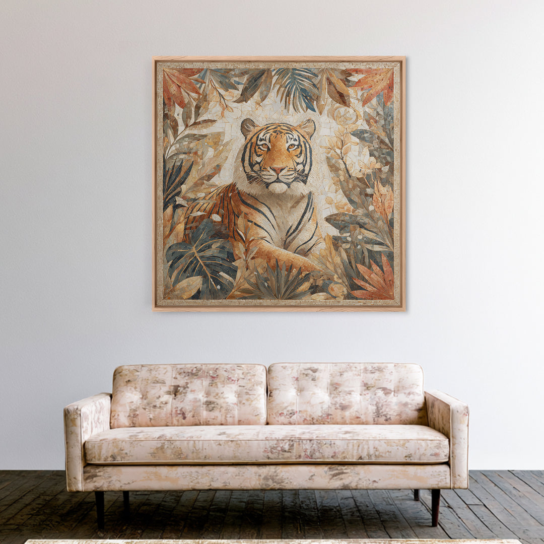 Bold Patterned Tiger Surrounded by Tropical Leaves Canvas Print, Maximalist Art, Textured Painting, Living Room Decor, Maximal, MAX-1x1-98