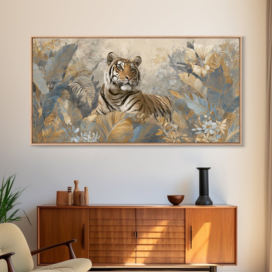 Bold Patterned Tiger Surrounded by Tropical Leaves Canvas Print, Maximalist Art, Textured Painting, Living Room Decor, Maximal, MAX-2x1-22