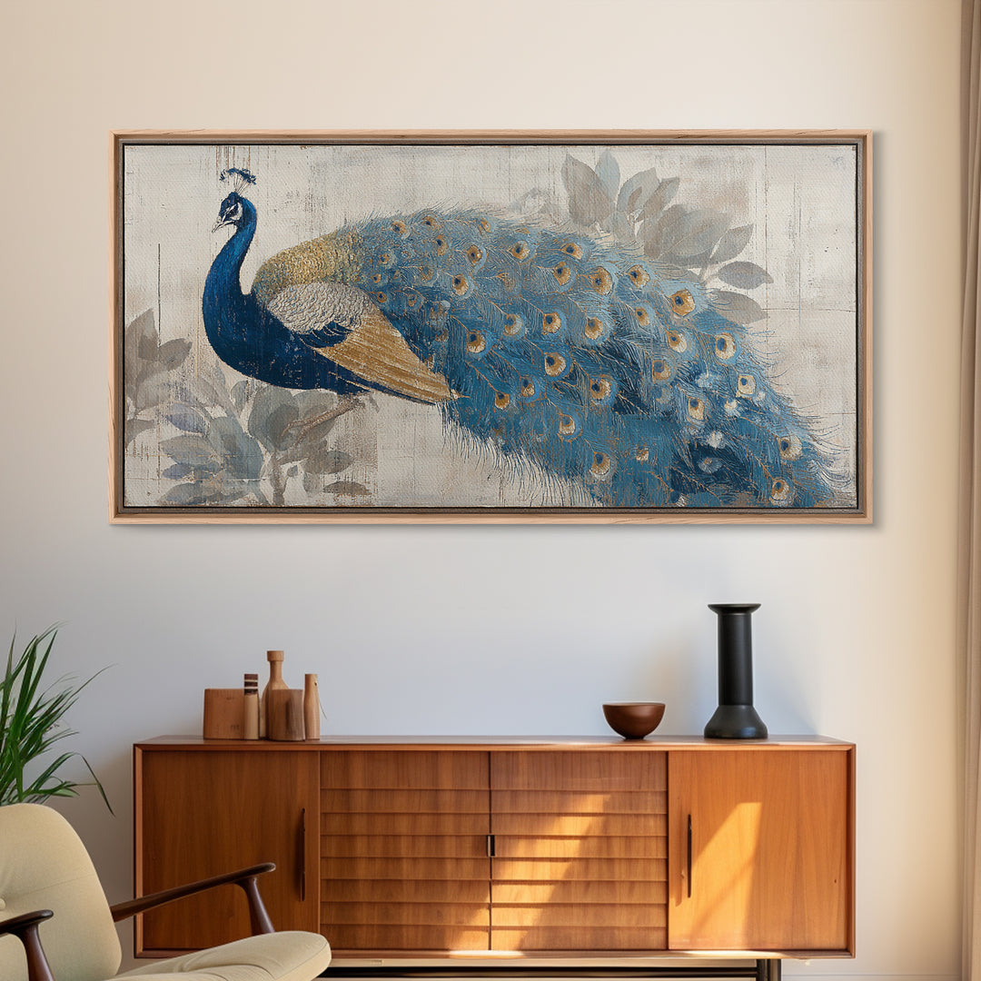 Dramatic Peacock with Oversized Feather Pattern Canvas Print, Maximalist Art, Contemporary Art, Living Room Decor, Maximal, MAX-2x1-28