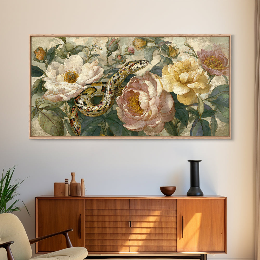 Highly Patterned Snake and Flower Composition Canvas Print, Maximalist Art, Living Room Decor, Maximal, Retro Wall Art, MAX-2x1-33