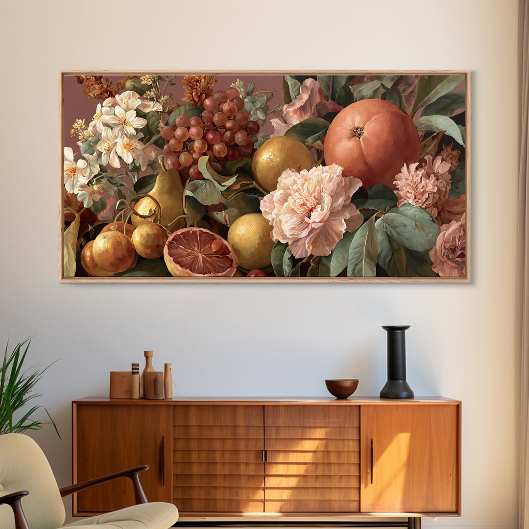 Rococo Fruit Feast Framed Canvas Print, Maximalist Art, Wall Art, Living Room Decor, Oil Painting, Maximal, Digital Print, MAX-2x1-35