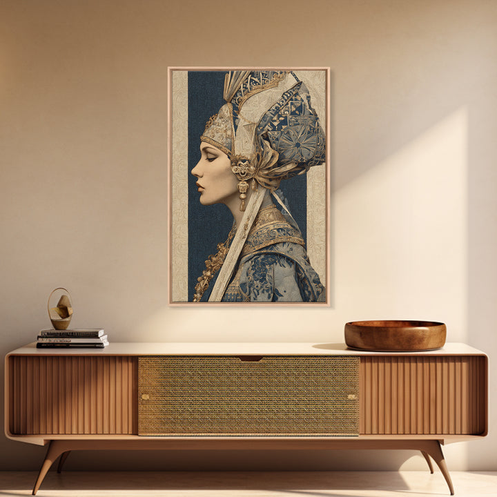 Ornate Portrait with Layered Textiles and Jewels Canvas Print, Maximalist Art, Printable Wall Art, Living Room Decor, Maximal, MAX-2x3-12