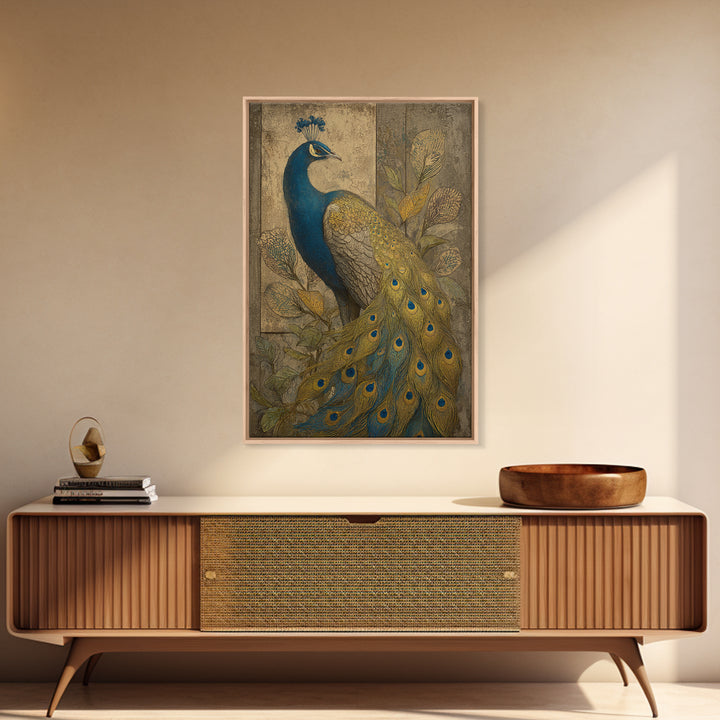 Dramatic Peacock with Oversized Feather Pattern Canvas Print, Maximalist Art, Gallery Decor, Living Room Decor, Maximal, MAX-2x3-16