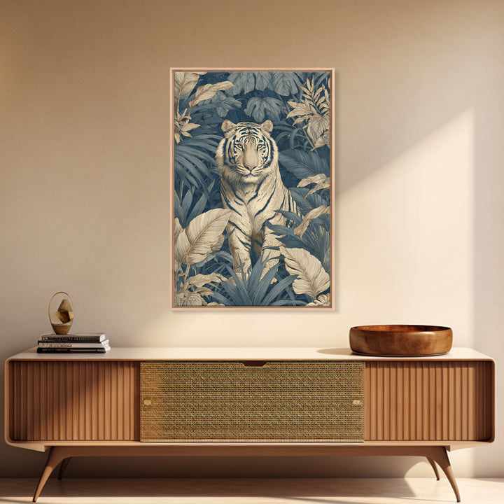 Bold Patterned Tiger Surrounded by Tropical Leaves Framed Canvas Print, Maximalist Art, Art Print, Living Room Decor, Maximal, MAX-2x3-34