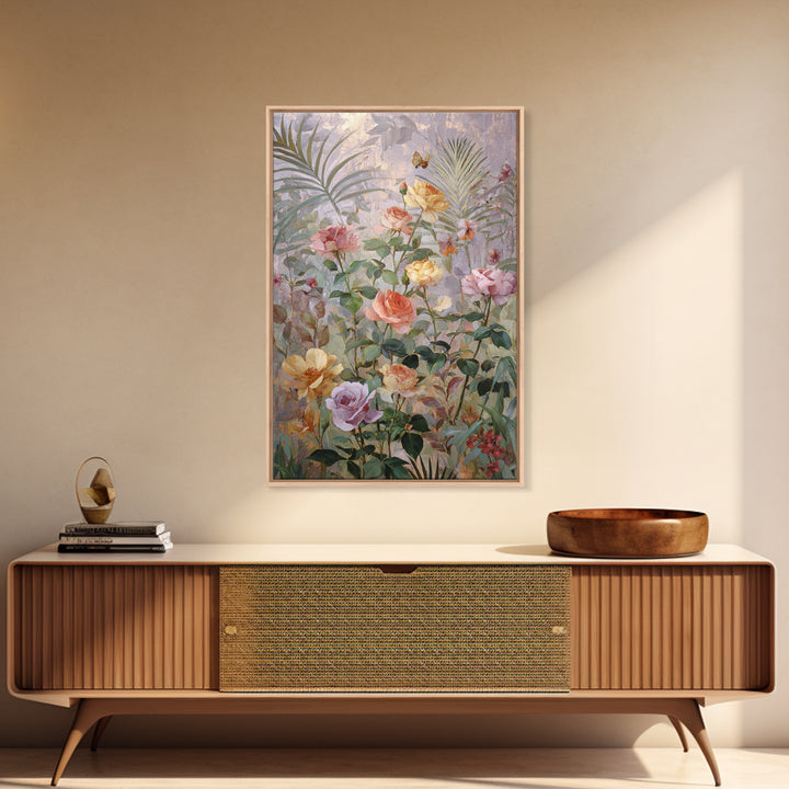 Lush Garden Wall of Roses Palms and Framed Canvas Print, Maximalist Art, Wall Decor, Living Room Decor, Fine Art, Maximal, MAX-2x3-46