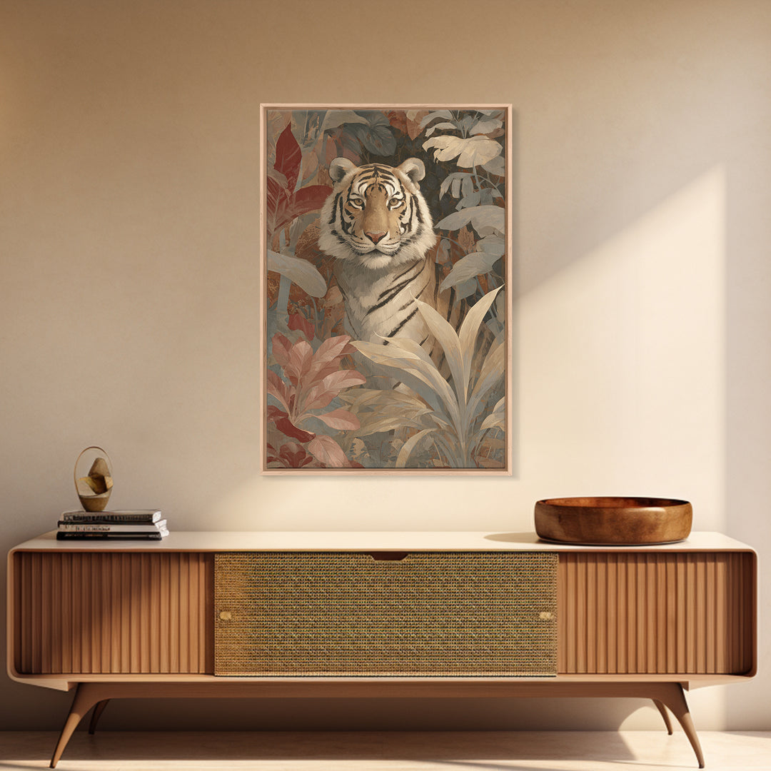 Bold Patterned Tiger Surrounded by Tropical Leaves Canvas Print, Maximalist Art, Art Nouveau, Living Room Decor, Maximal, MAX-2x3-58