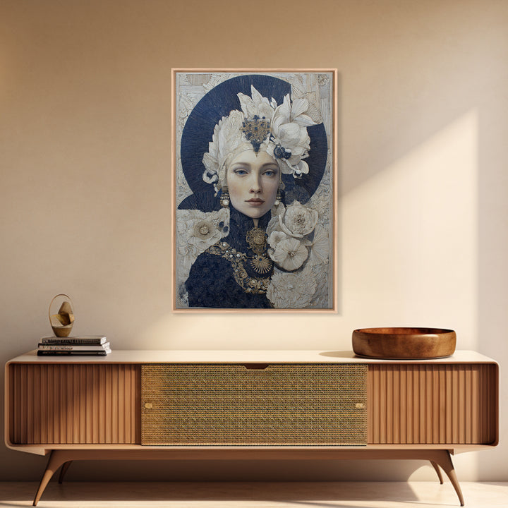 Ornate Portrait with Layered Textiles and Jewels Framed Canvas Print, Maximalist Art, Modern Decor, Living Room Decor, Maximal, MAX-2x3-84