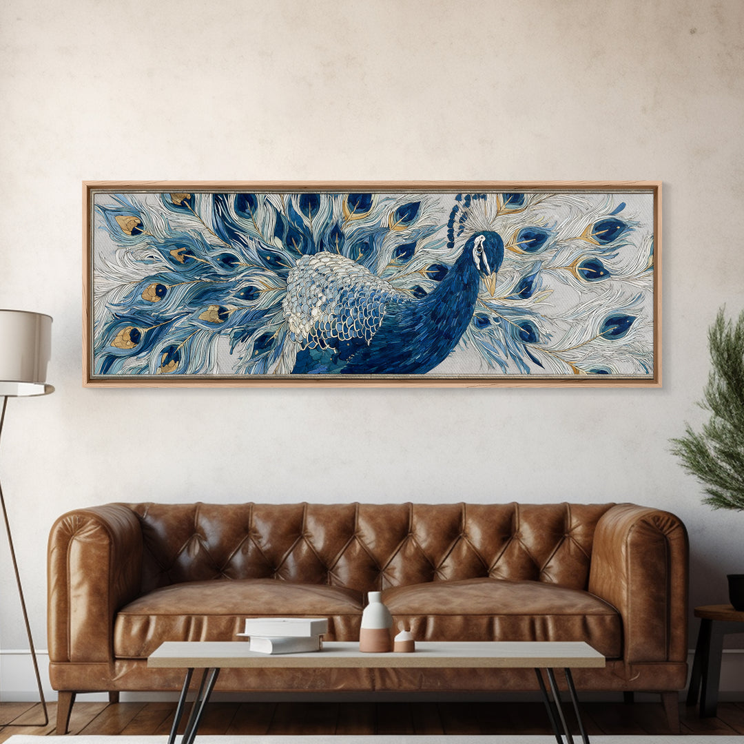 Dramatic Peacock with Oversized Feather Pattern Canvas Print, Maximalist Art, Moody Wall Art, Living Room Decor, Maximal, MAX-3x1-24