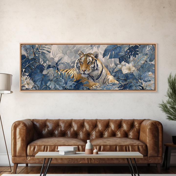 Bold Patterned Tiger Surrounded by Tropical Leaves Canvas Print, Maximalist Art, Playroom Decor, Living Room Decor, Maximal, MAX-3x1-90