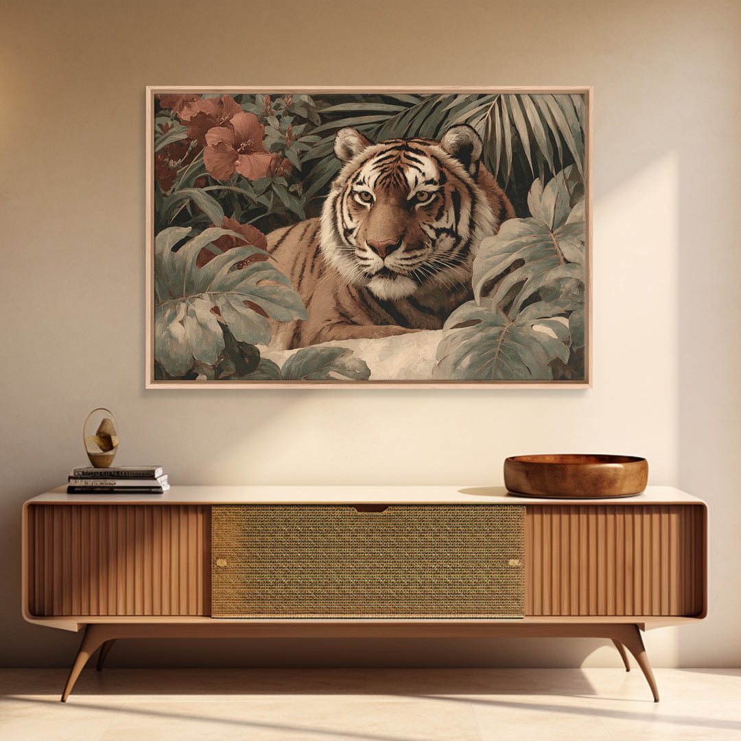 Bold Patterned Tiger Surrounded by Tropical Leaves Canvas Print, Maximalist Art, Modern Wall Art, Living Room Decor, Maximal, MAX-3x2-30