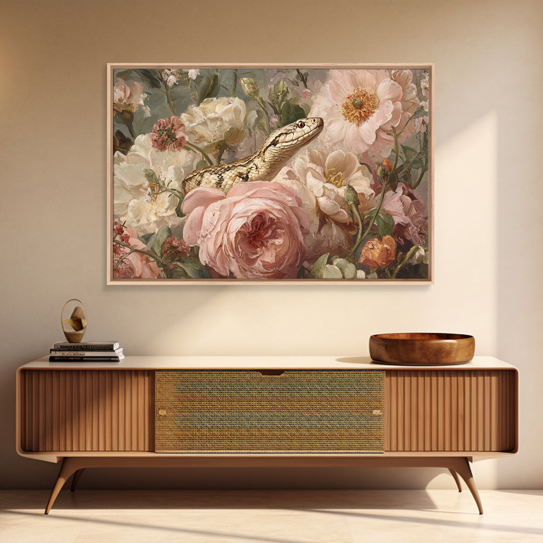 Highly Patterned Snake and Flower Composition Framed Canvas Print, Maximalist Art, Trendy Wall Art, Living Room Decor, Maximal, MAX-3x2-41