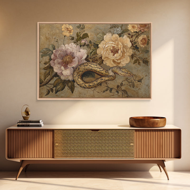 Highly Patterned Snake and Flower Composition Framed Canvas Print, Maximalist Art, Trendy Wall Art, Living Room Decor, Maximal, MAX-3x2-65