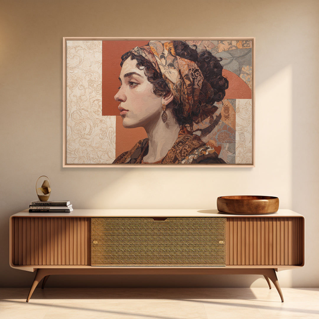 Ornate Portrait with Layered Textiles and Jewels Canvas Print, Maximalist Art, Unique Wall Art, Living Room Decor, Maximal, MAX-3x2-8