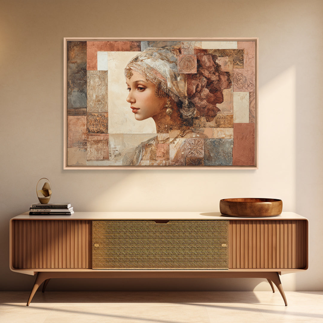 Ornate Portrait with Layered Textiles and Jewels Framed Canvas Print, Maximalist Art, Home Decor, Living Room Decor, Maximal, MAX-3x2-80