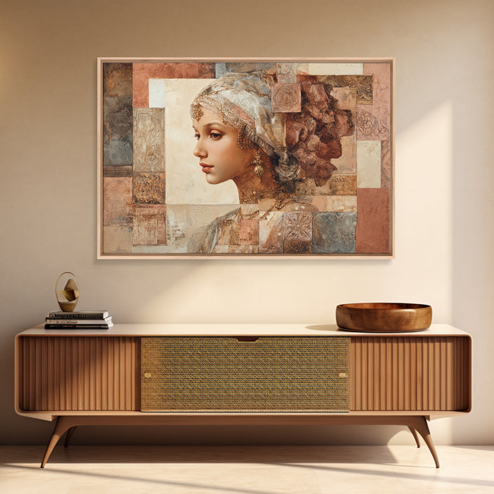 Ornate Portrait with Layered Textiles and Jewels Framed Canvas Print, Maximalist Art, Home Decor, Living Room Decor, Maximal, MAX-3x2-80
