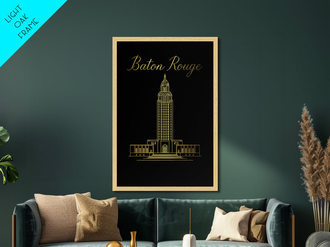 Baton Rouge Louisiana Art, Metallic Gold Print, Wood Framed Art, Metal Art, Office Decor, Traveler Gift, Bedroom Wall Art