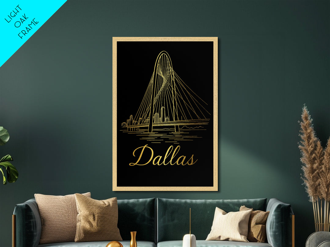 Dallas Texas Travel, Metallic Gold Print, Wood Framed Art, Metal Art, Modern Wall Art, Honeymoon Gift, Bedroom Wall Art