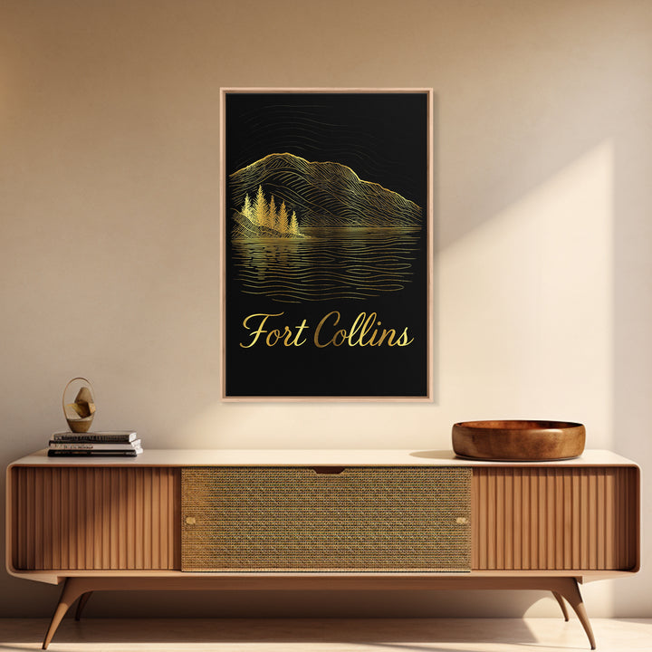 Fort Collins Travel Poster, Framed Canvas Print, Black Gold Minimalist Art, Fort Collins Wall Art, City Art Print, Fine Art Print