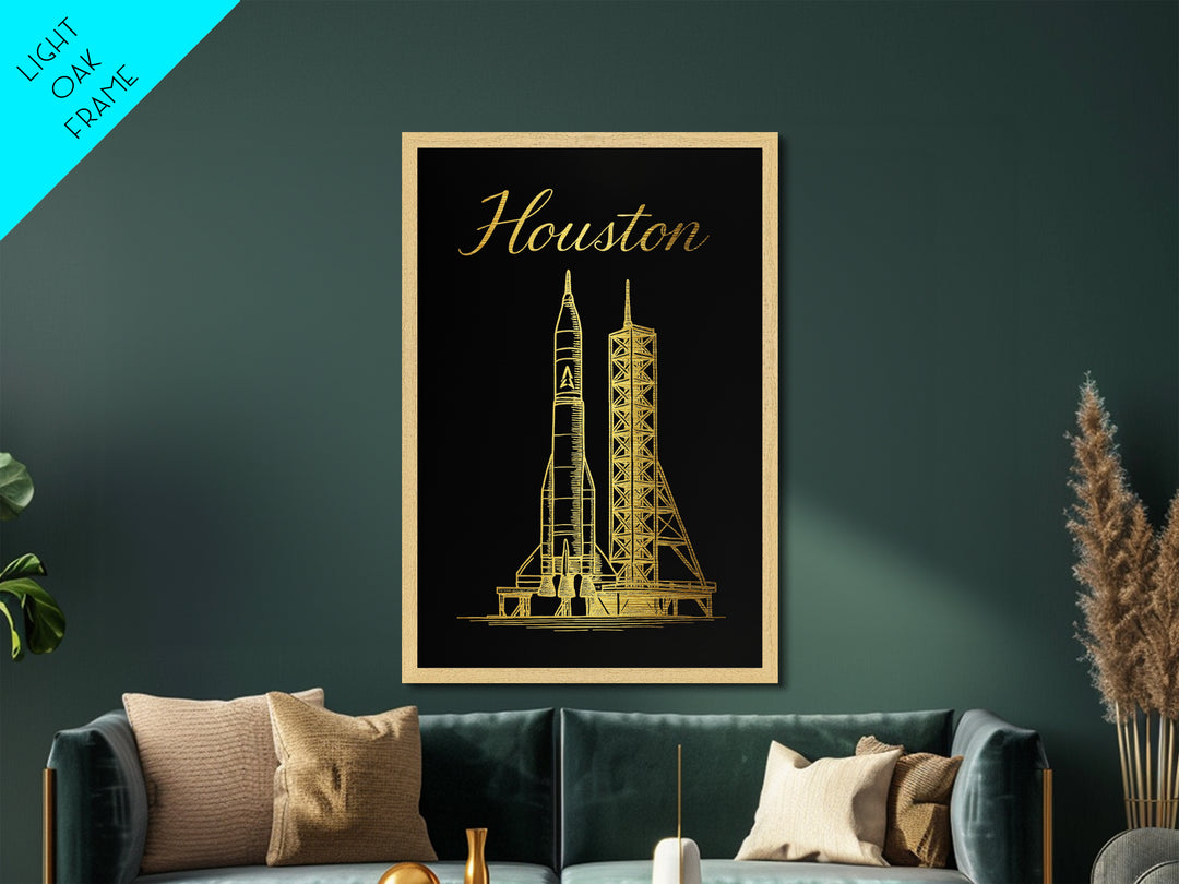 Houston Texas Art, Metallic Gold Print, Wood Framed Art, Metal Art, Modern Wall Art, Adventure Lover Gift, Entryway Wall Print