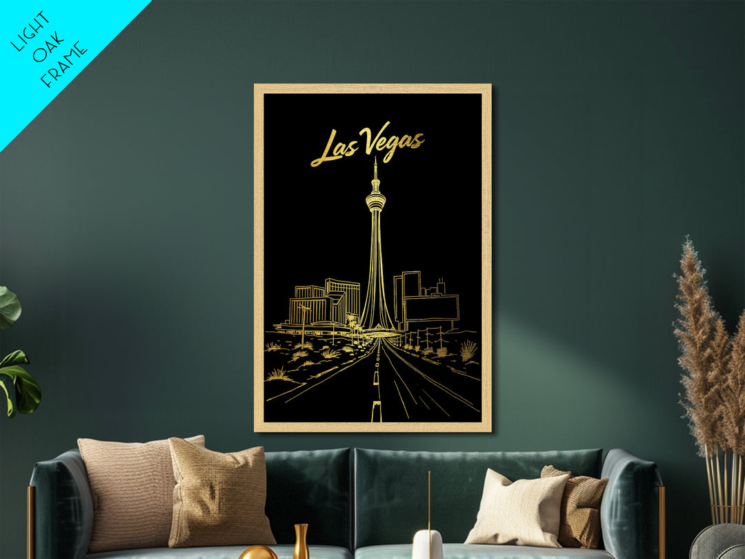 Las Vegas Nevada Travel, Metallic Gold Print, Wood Framed Art, Metal Art, Minimalist Wall Art, Destination Gift, Living Room Art