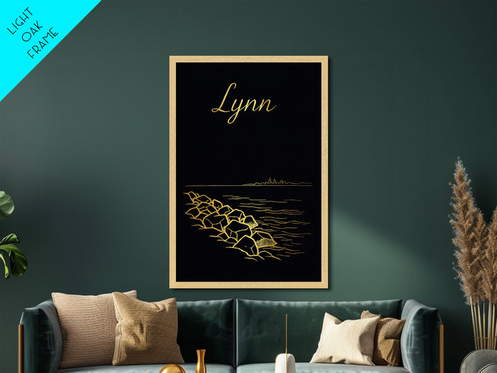 Lynn Massachusetts Art, Metallic Gold Art, Wood Framed Art, Metal Art, Traveler Gift, Entryway Wall Print, Living Room Art