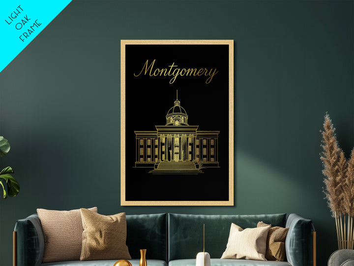 Montgomery Alabama Art, Metallic Gold Art, Wood Framed Art, Metal Art, Birthday Gift, Entryway Wall Print, Hallway Wall Art