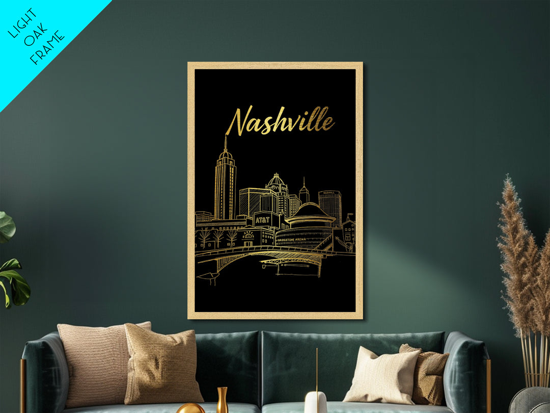 Nashville Tennessee Travel, Metallic Gold Art, Wood Framed Art, Metal Art, Minimalist Wall Art, Honeymoon Gift, Bedroom Art