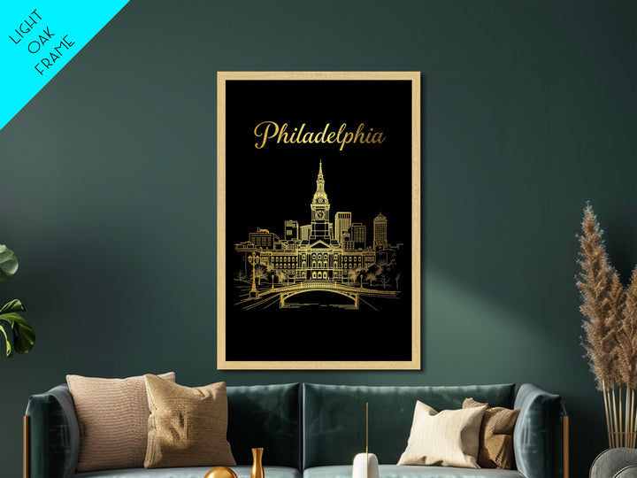 Philadelphia Pennsylvania Travel, Metallic Gold Art, Wood Framed Art, Metal Art, Minimalist Wall Art, Destination Gift, Bedroom Art