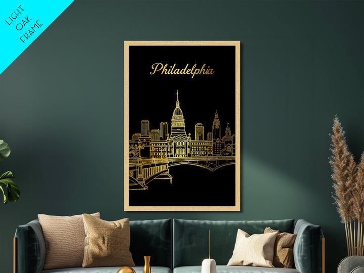 Philadelphia Pennsylvania Travel, Metallic Gold Art, Wood Framed Art, Metal Art, Traveler Gift, Bedroom Wall Art, Hallway Wall Art