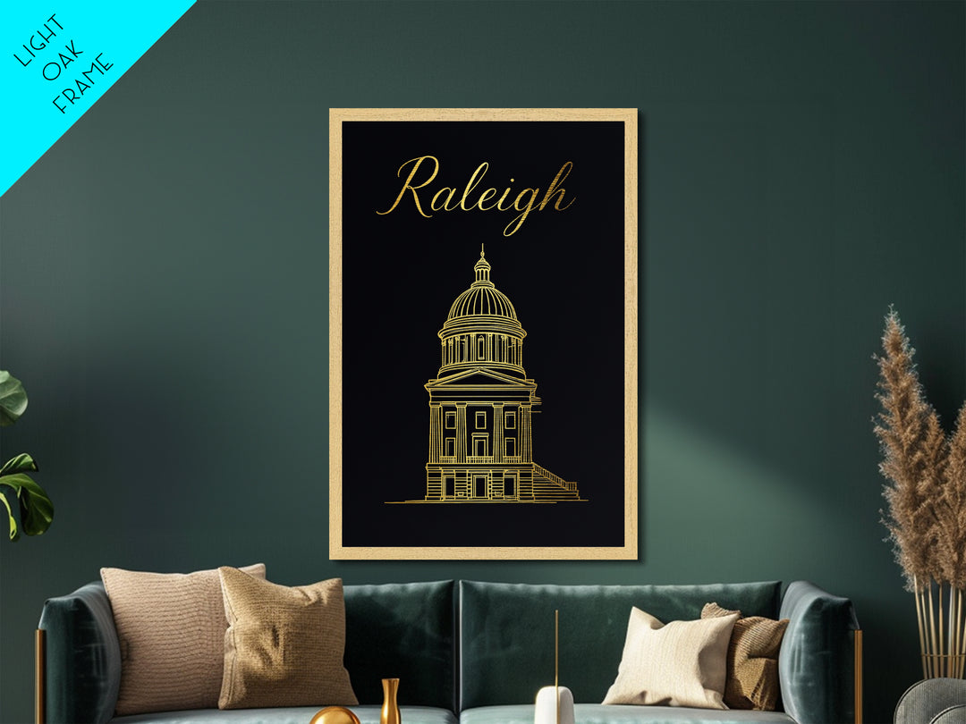 Raleigh North Carolina Travel, Metallic Gold Print, Wood Framed Art, Metal Art, Modern Wall Art, Graduation Travel Gift, Bedroom Decor