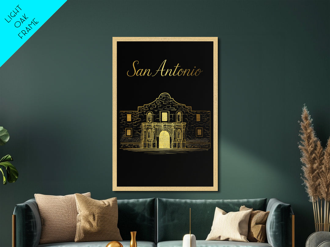 San Antonio Texas Travel, Metallic Gold Print, Wood Framed Art, Metal Art, Minimalist Wall Art, Honeymoon Gift, Bedroom Decor