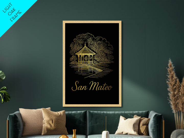 San Mateo California Travel, Metallic Gold Print, Wood Framed Art, Metal Art, Minimalist Wall Art, Destination Gift, Living Room Decor