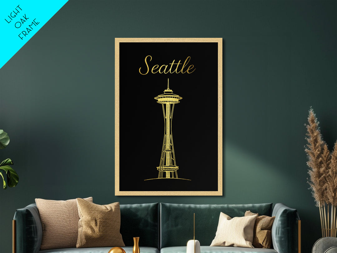 Seattle Washington Travel, Metallic Gold Print, Wood Framed Art, Metal Art, Modern Wall Art, Wanderlust Gift, Living Room Decor