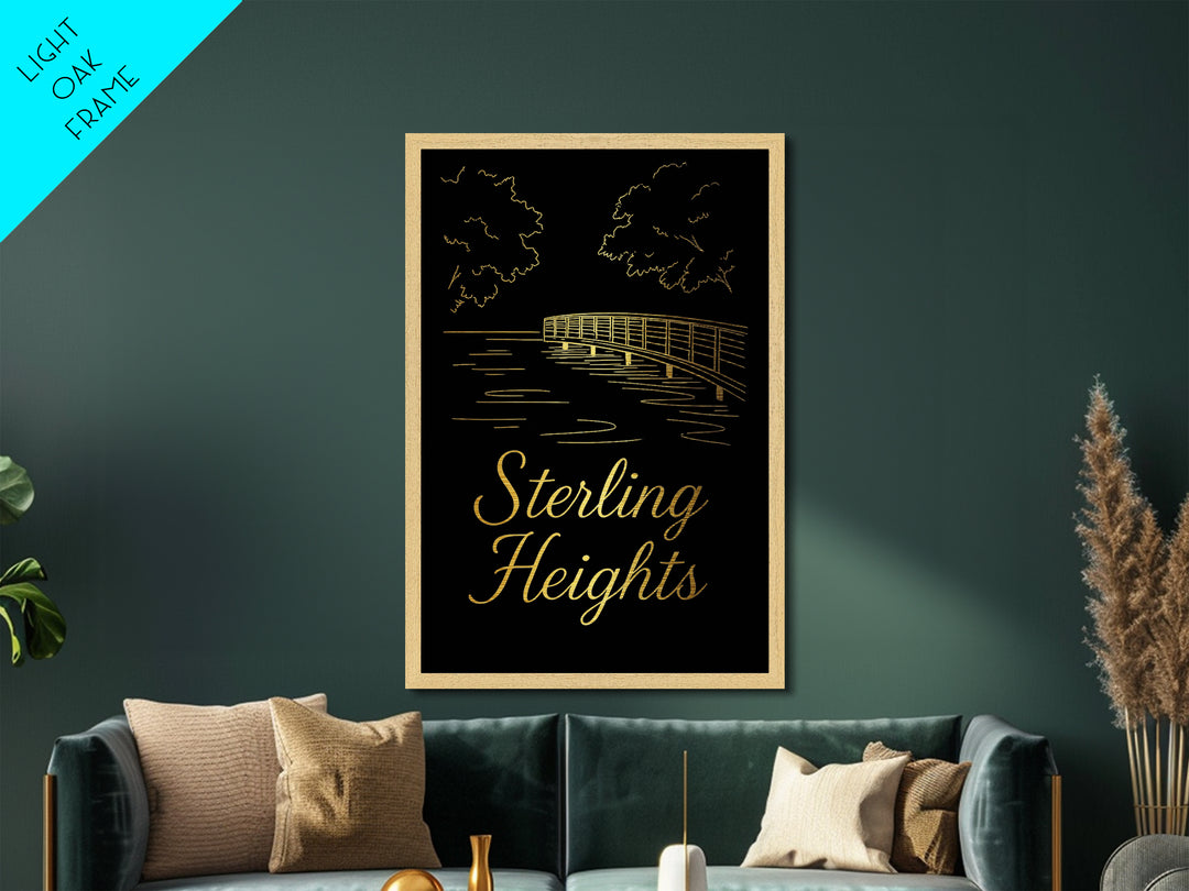 Sterling Heights Michigan Art, Metallic Gold Art, Wood Framed Art, Metal Art, Modern House Art, Birthday Travel Gift, Home Decor