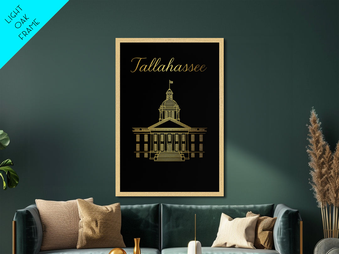 Tallahassee Florida Travel, Metallic Gold Print, Wood Framed Art, Metal Art, Modern House Art, Wanderlust Gift, Living Room Decor