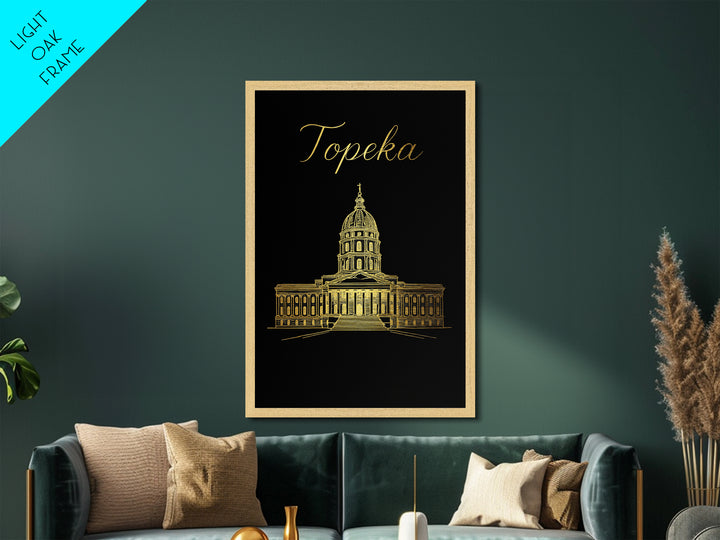 Topeka Kansas Travel, Metallic Gold Print, Wood Framed Art, Metal Art, Modern House Art, Birthday Travel Gift, Living Room Decor