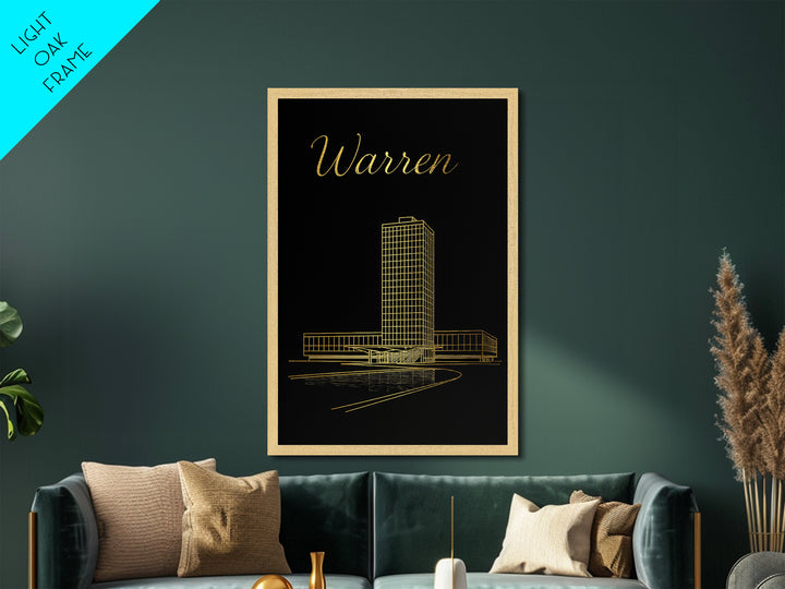 Warren Michigan Travel, Metallic Gold Print, Wood Framed Art, Metal Art, Modern House Art, Retirement Travel Gift, Living Room Decor