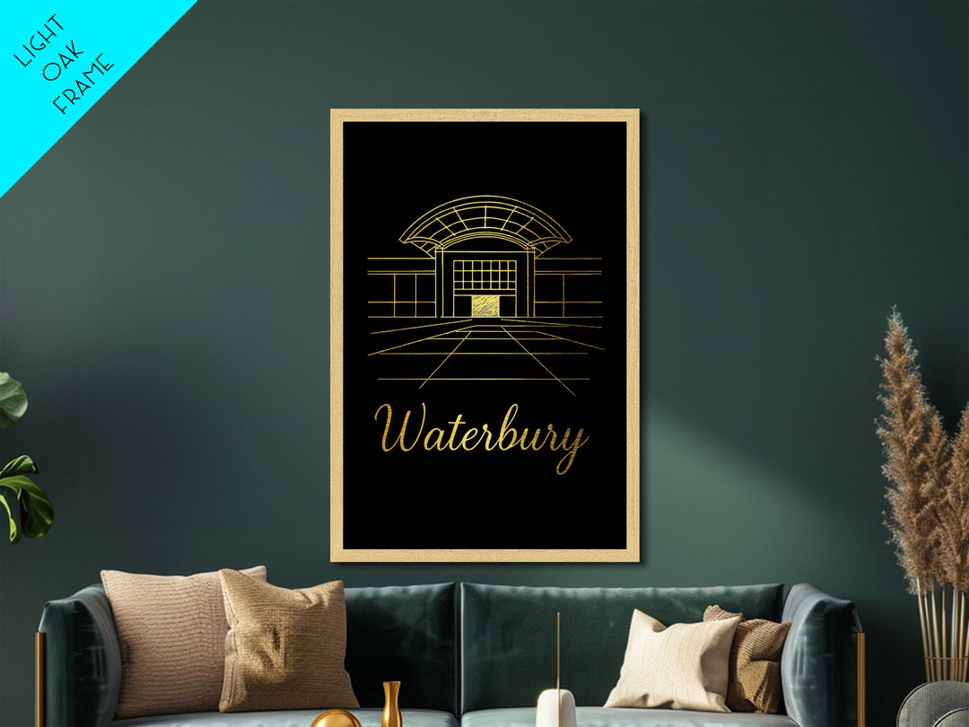 Waterbury Connecticut Travel, Metallic Gold Print, Wood Framed Art, Metal Art, Minimalist Wall Art, Honeymoon Gift, Living Room Decor