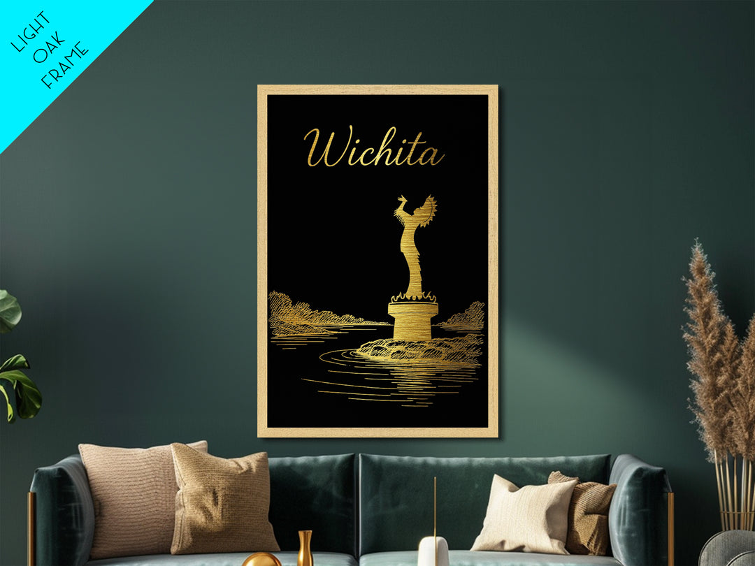 Wichita Kansas Travel, Metallic Gold Print, Wood Framed Art, Metal Art, Minimalist Wall Art, Destination Gift, Home Decor