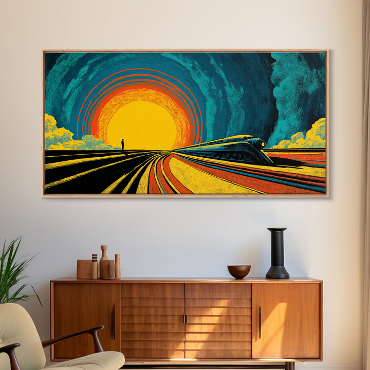 Futuristic Train Sunset Wall Art, Retro Sci Fi Railway Poster, Midcentury Modern Decor, MCM Wall Decor, Bold Orange Blue Print