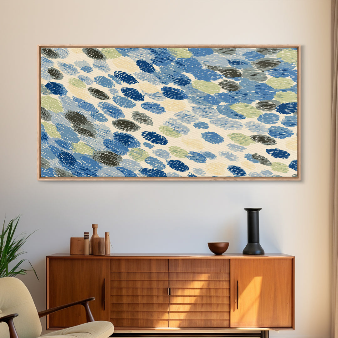 Blue Gray Brush Dot Abstract Wall Art, Midcentury Modern Art Print, Minimalist Retro Decor, Coastal Geometric Poster For Home