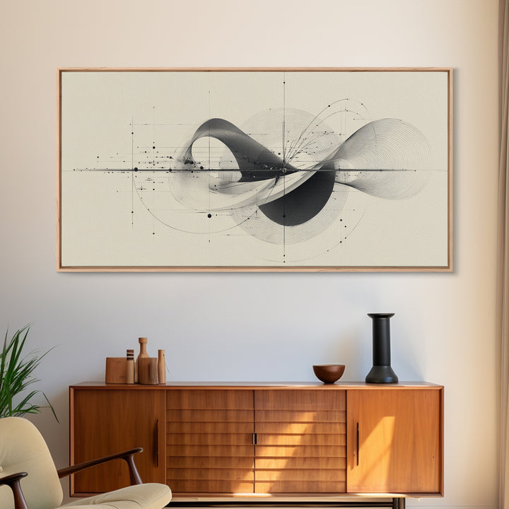 Beige Kinetic Wave Diagram Framed Canvas Print, Modern Abstract Wall Decor, Architectural Line Art Poster For Office Home