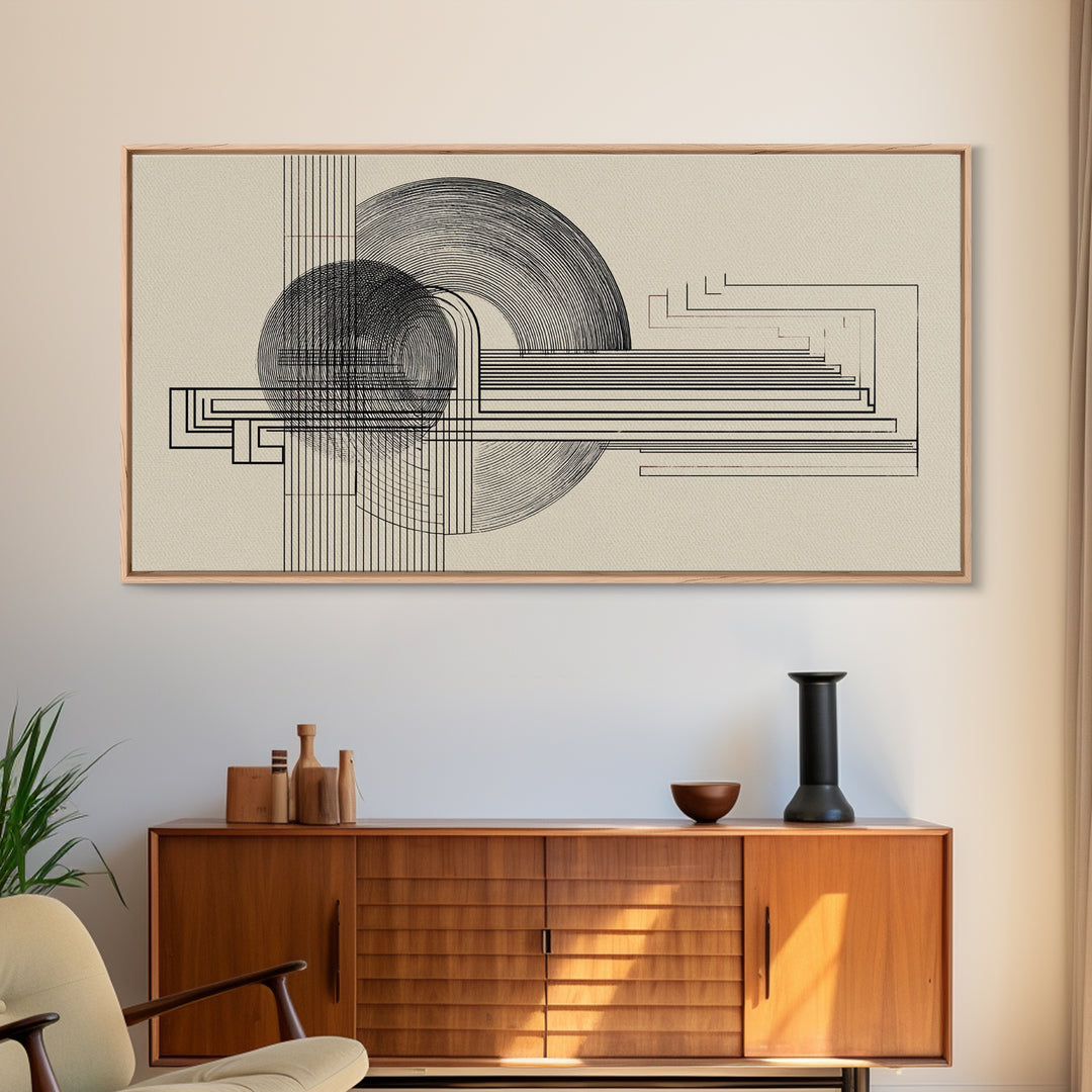 Neutral Geometric Circle Line Wall Art, Midcentury Modern Decor, Bauhaus Inspired Abstract Art Print For Office Home Decor