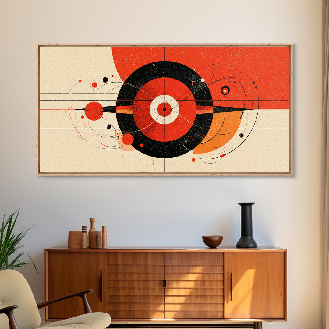 Red Black Atomic Target Abstract Wall Art, Mid Century Modern Geometric Poster, Retro MCM Wall Decor, Bold Canvas Print Art