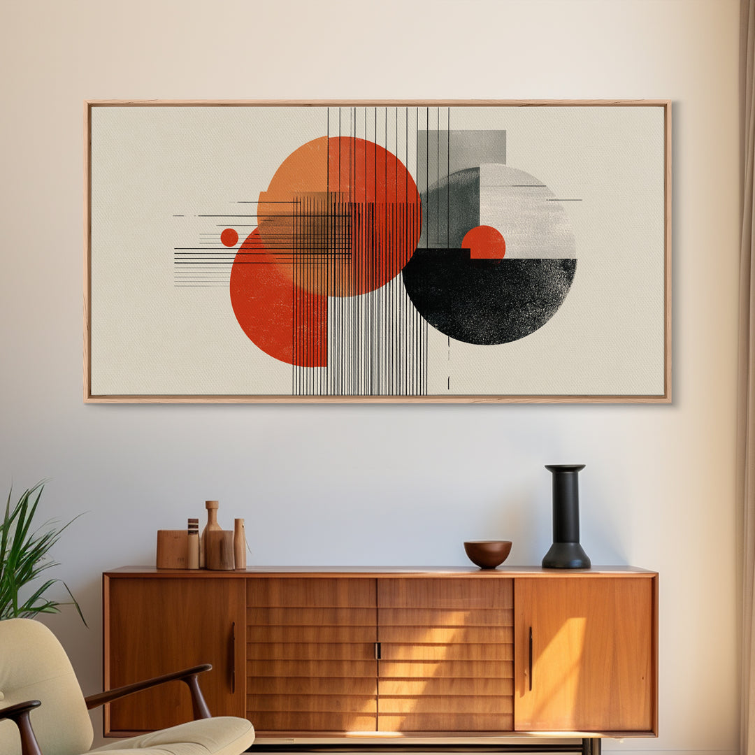 Orange Black Bauhaus Circle Canvas Print, Midcentury Modern Wall Decor, Geometric Abstract Art Poster For Living Room Home Decor