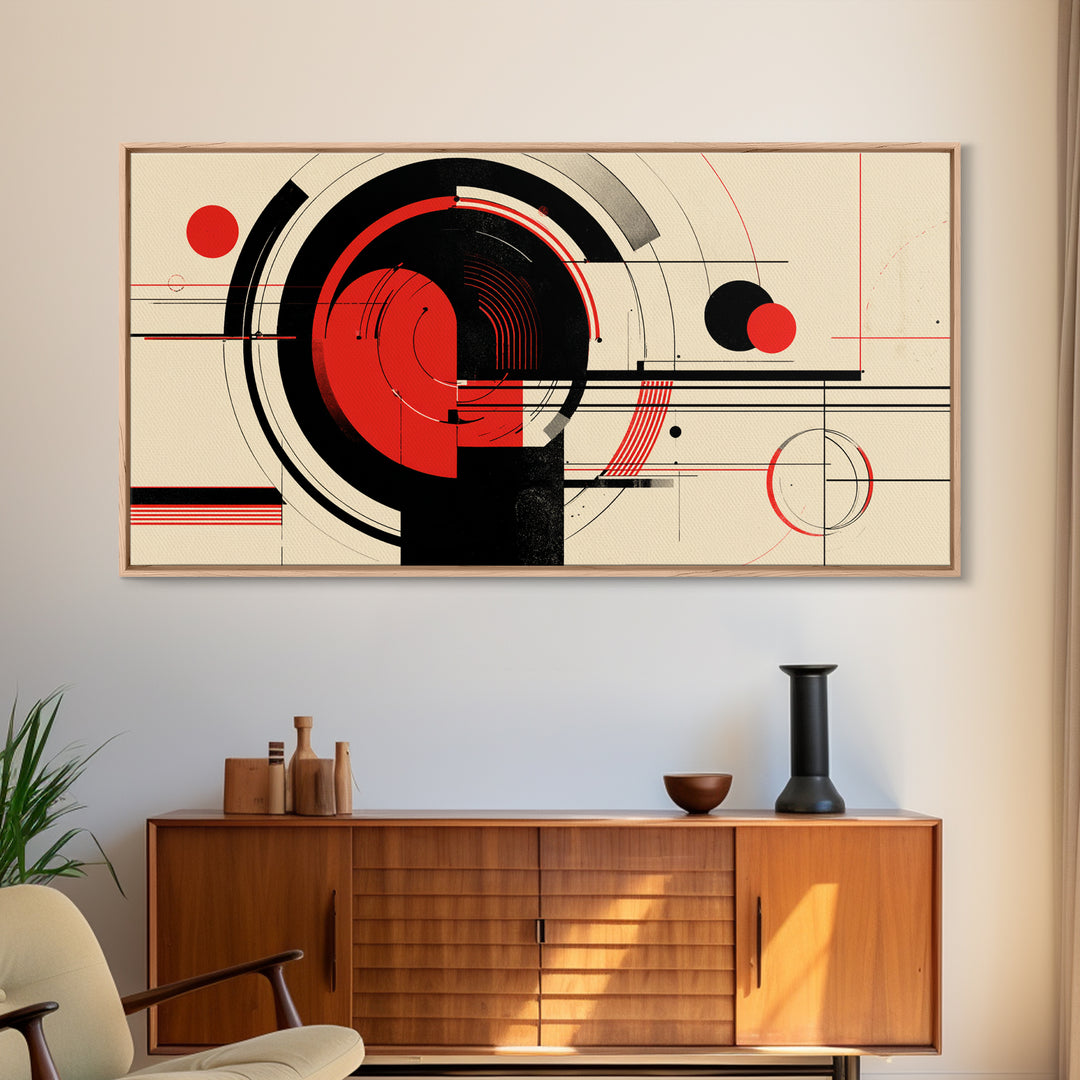 Red Black Circular Abstract Canvas Print, Mid Century Modern Wall Decor, Geometric Bauhaus Poster, Atomic Retro Artwork Print
