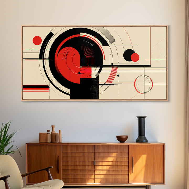 Red Black Circular Abstract Canvas Print, Mid Century Modern Wall Decor, Geometric Bauhaus Poster, Atomic Retro Artwork Print