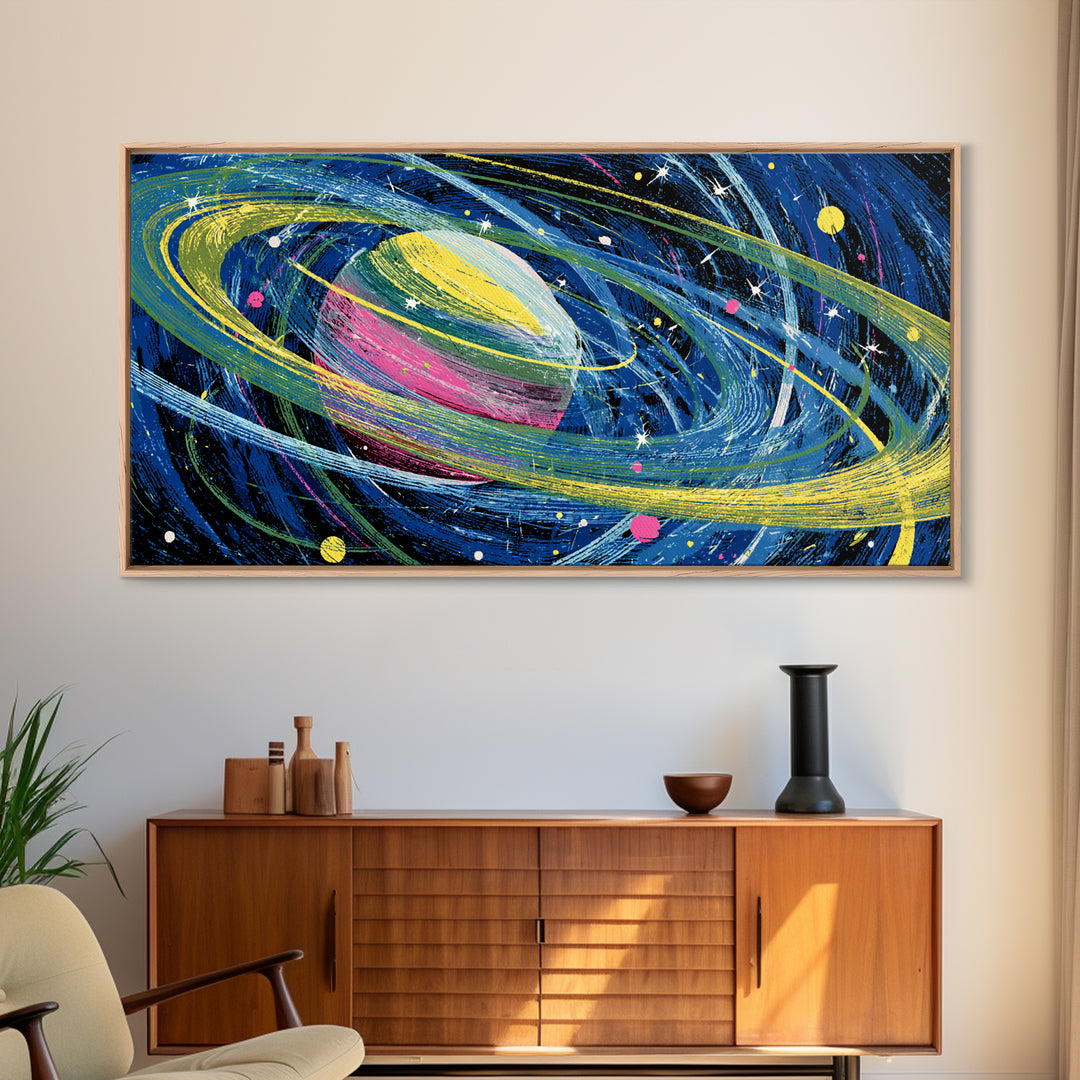Colorful Ringed Planet Wall Art, Retro Sci Fi Space Poster, Cosmic Mid Century Modern Art Print, Kids Room Galaxy Decor Gift
